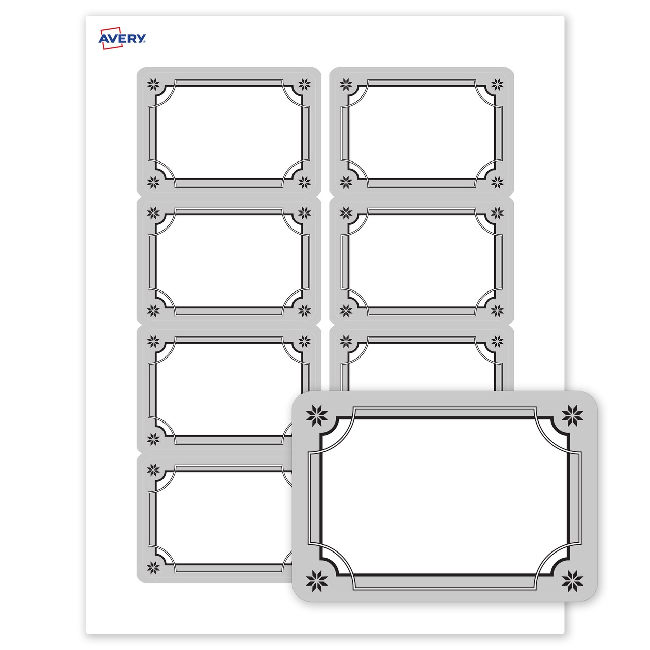 Avery Printable Adhesive Name Tags, 2-1/3" x 3-3/8", Matte White, Pre-printed Metallic Silver Border/Black Frame Design, Laser & Inkjet Compatible, 160 Total